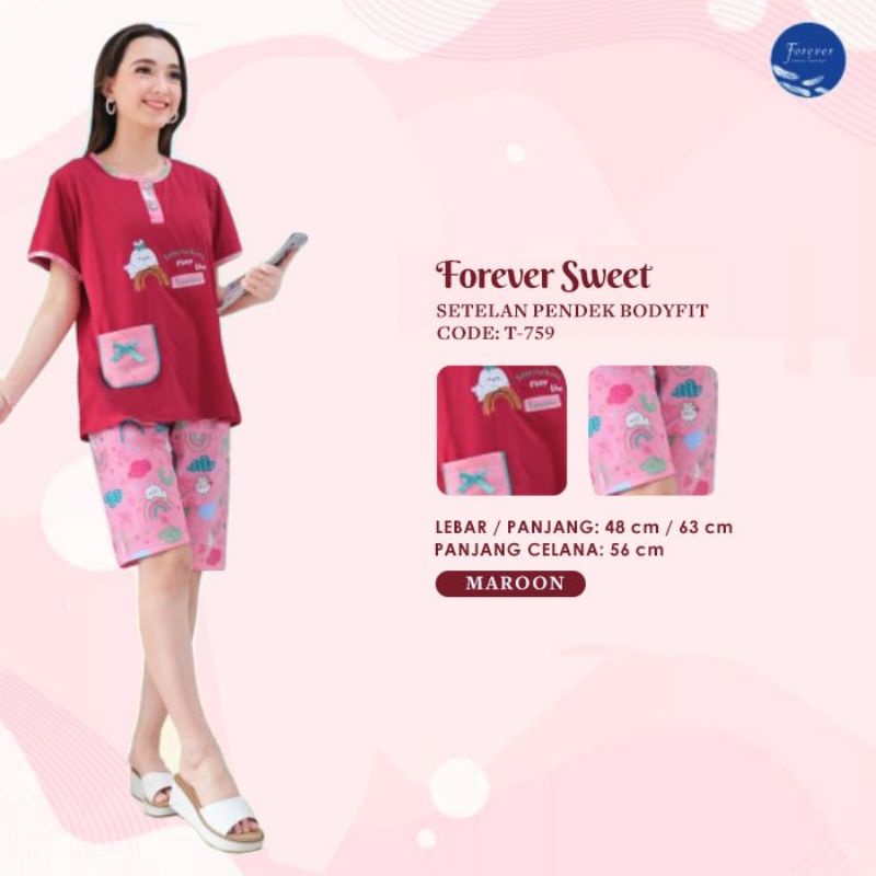 DISKON FOREVER Sweet Concept Setelan Baju Tidur Babydoll ¾ 3/4 Celana Pendek Body Fit All Size T 759