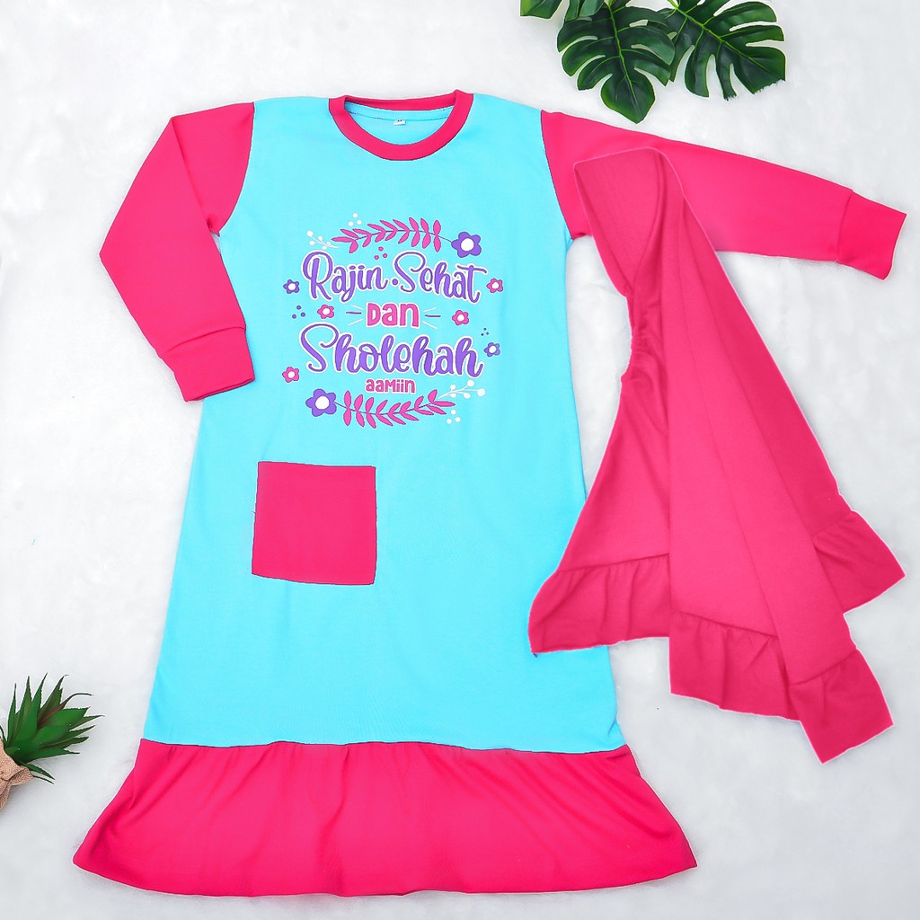 Gamis Anak Lucu Sablon Dakwah Combed 20s GAMIS ANAK 1 Set Kerudung