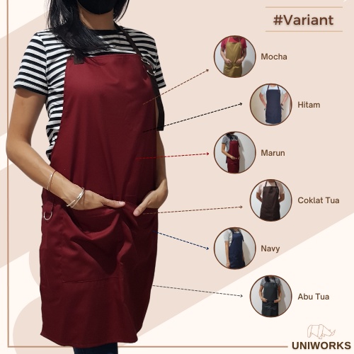 UNIWORKS Apron Barista Multifungsi seri V01 Bahan American Drill Premium dengan Kombinasi 6 Warna dan 3 Ukuran Panjang