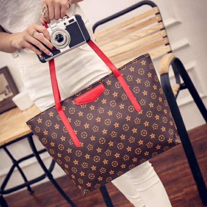 TW1952 Tas Wanita CoklatTua Motif Shoulder Bag Cewe Simpel