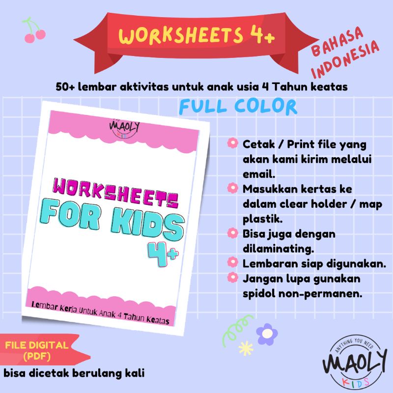 50+ Worksheet Anak Printable 4Tahun/Buku Lembar Kerja Anak Ebook /Materi Belajar Anak PAUD/TK/Pra-TK