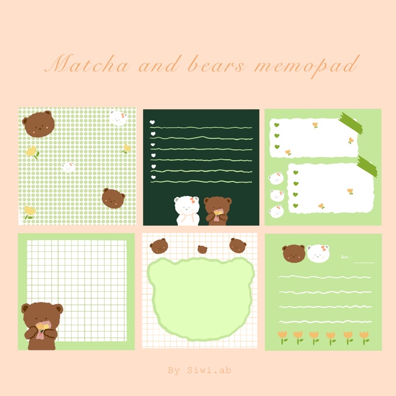 

Memopad Matcha and Bears, korean stationery, cute art deco