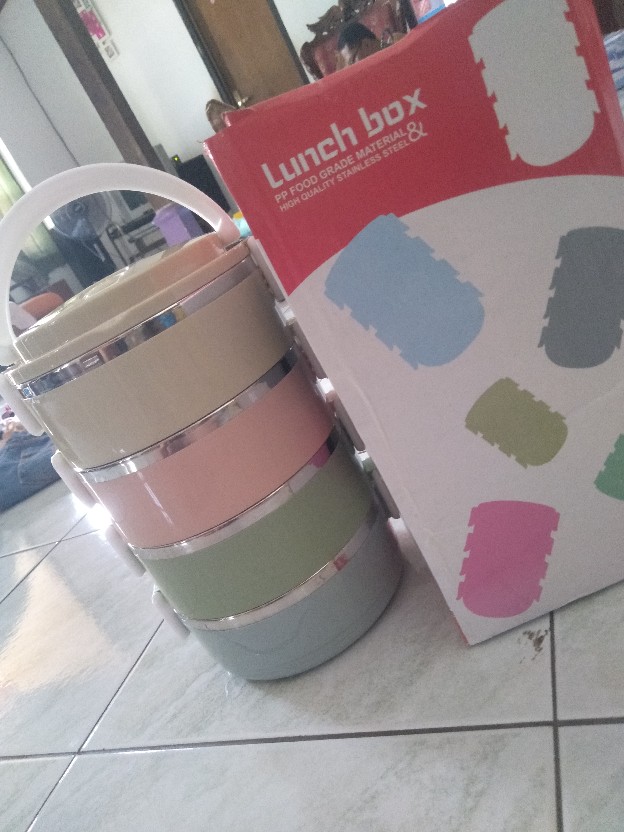 [ Rantang 4 Susun Bulat Kombinasi ]warna Warni Polos Lunch Box Stainless
