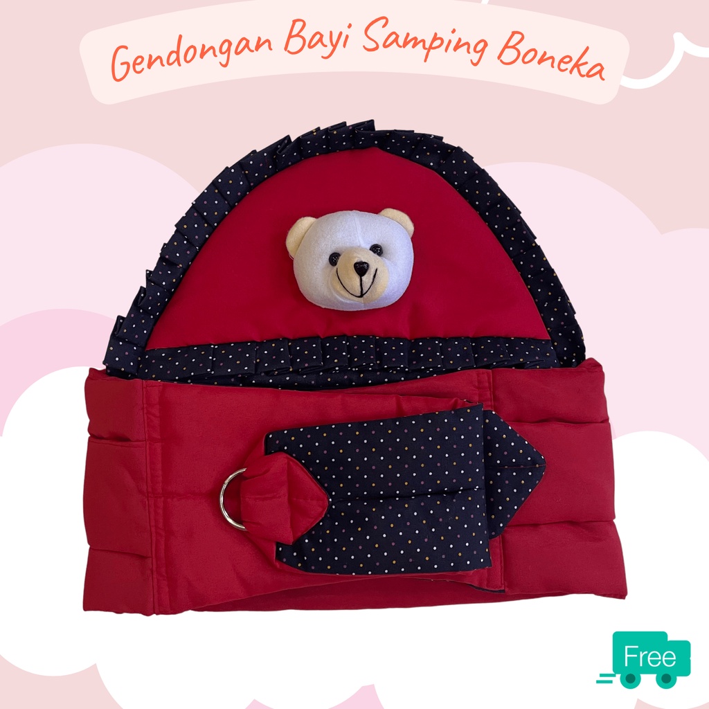 Gendongan bayi samping topi boneka polkadot