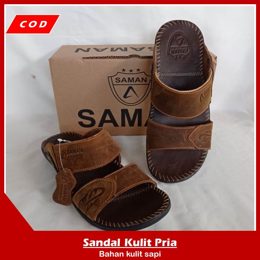 Saman Sendal Pria Kekinian Monaco Sandal Slide Premium Sandal Kulit Pria Kualitas Import - Coklat