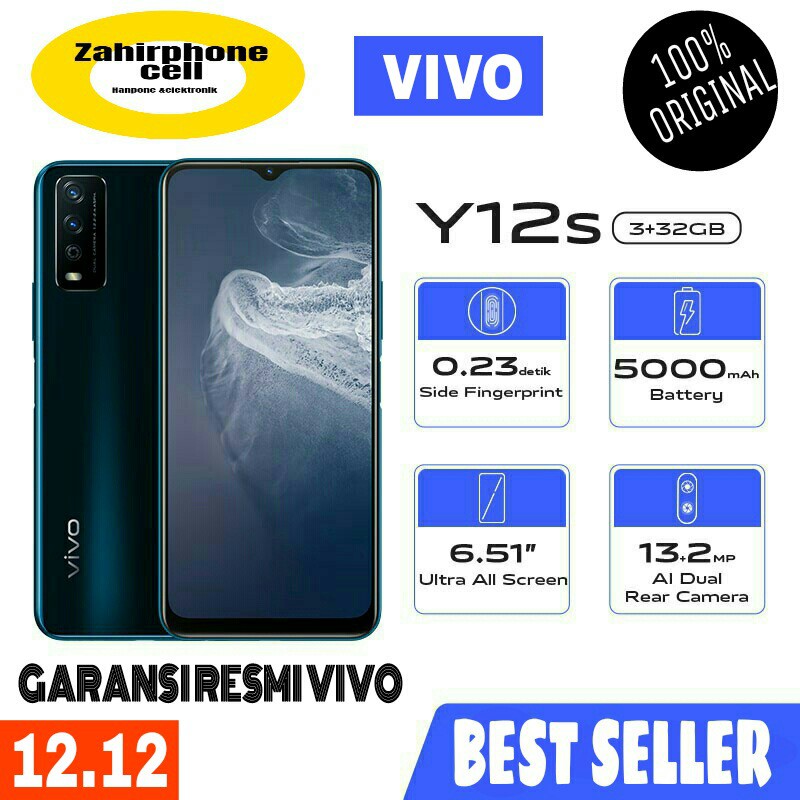 Vivo Y12S  RAM/ROM 3GB/64GB Garansi Resmi Vivo 1 Tahun handphone vivo y12S handphone