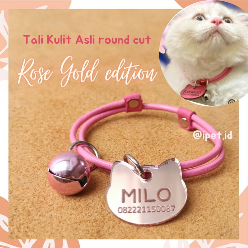 iPet KALUNG KUCING KULIT ASLI CUSTOM NAMA TAG AKRILIK LONCENG ROSE GOLD