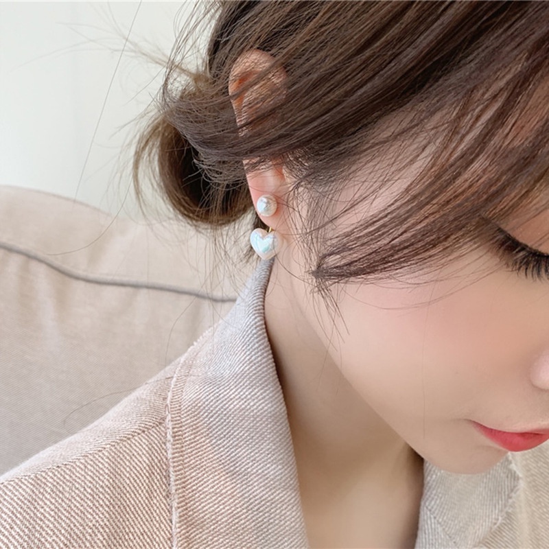 Anting Stud S925 Silver Needle Bentuk Hati Aksen Mutiara Gaya Korea Untuk Wanita