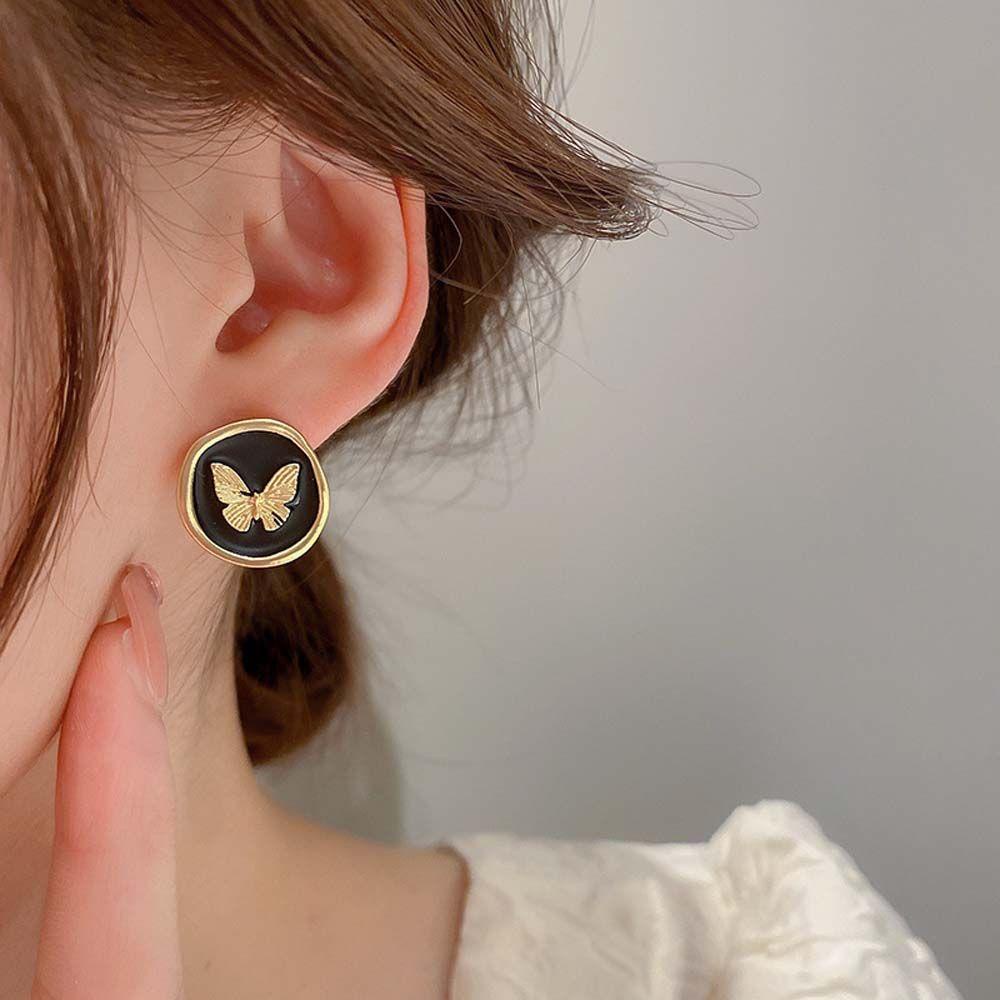 NEEDWAY Stud Earrings Hadiah Liburan Logam Manis Kupu-Kupu Retro Frosted Alloy Women Earrings