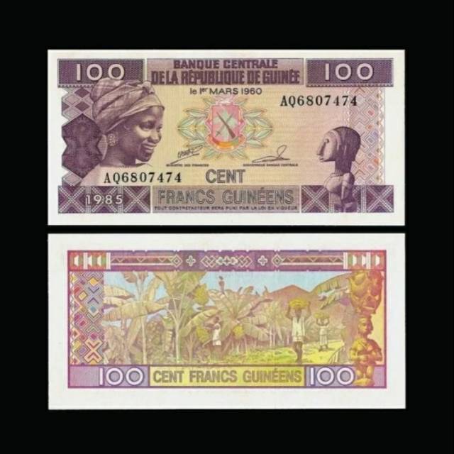REPUBLIQUE DE GUINEE 100 FRANCS 1985 UNC CETAKAN PERTAMA UANG GUINEA