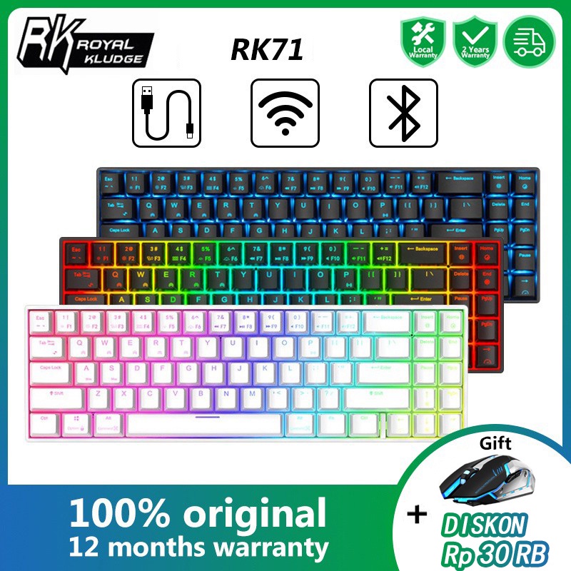 【Beli dua diskon 20%】 RK71 Wireless Mechanical Keyboard71 Keys RGB Backlight 3 Modes Hotswap Gaming  Bluetooth Keyboard for PC Royal Kludge