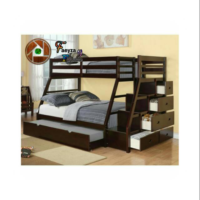 Tempat tidur 2 tingkat + ranjang slorokan - Kayu Jati