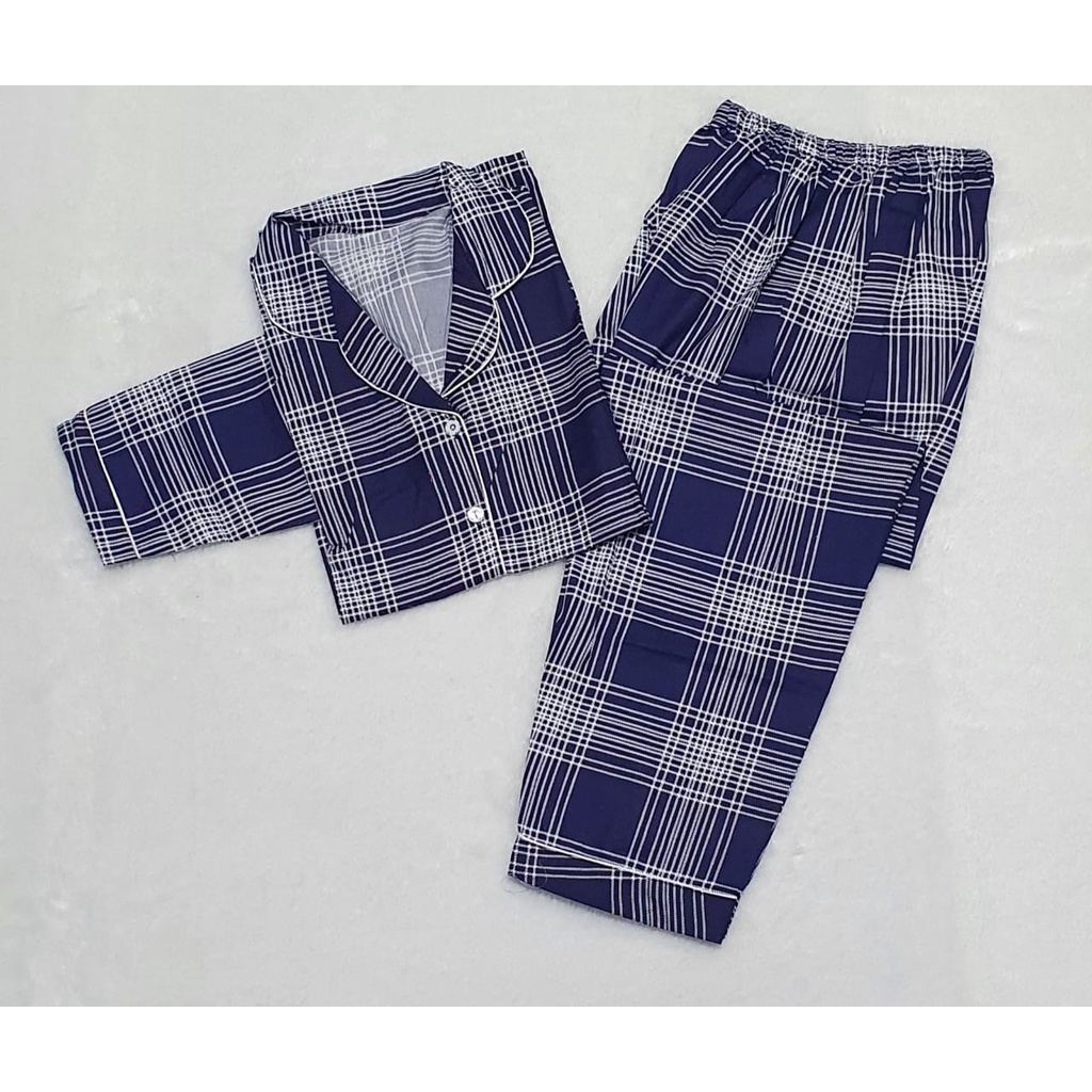 Baju Tidur Cewek Lengan Panjang Dan Lengan Pendek Motif Kotak Piyama Wanita Kekinian Pajamas Dewasa-PP GUILEN NAVY L