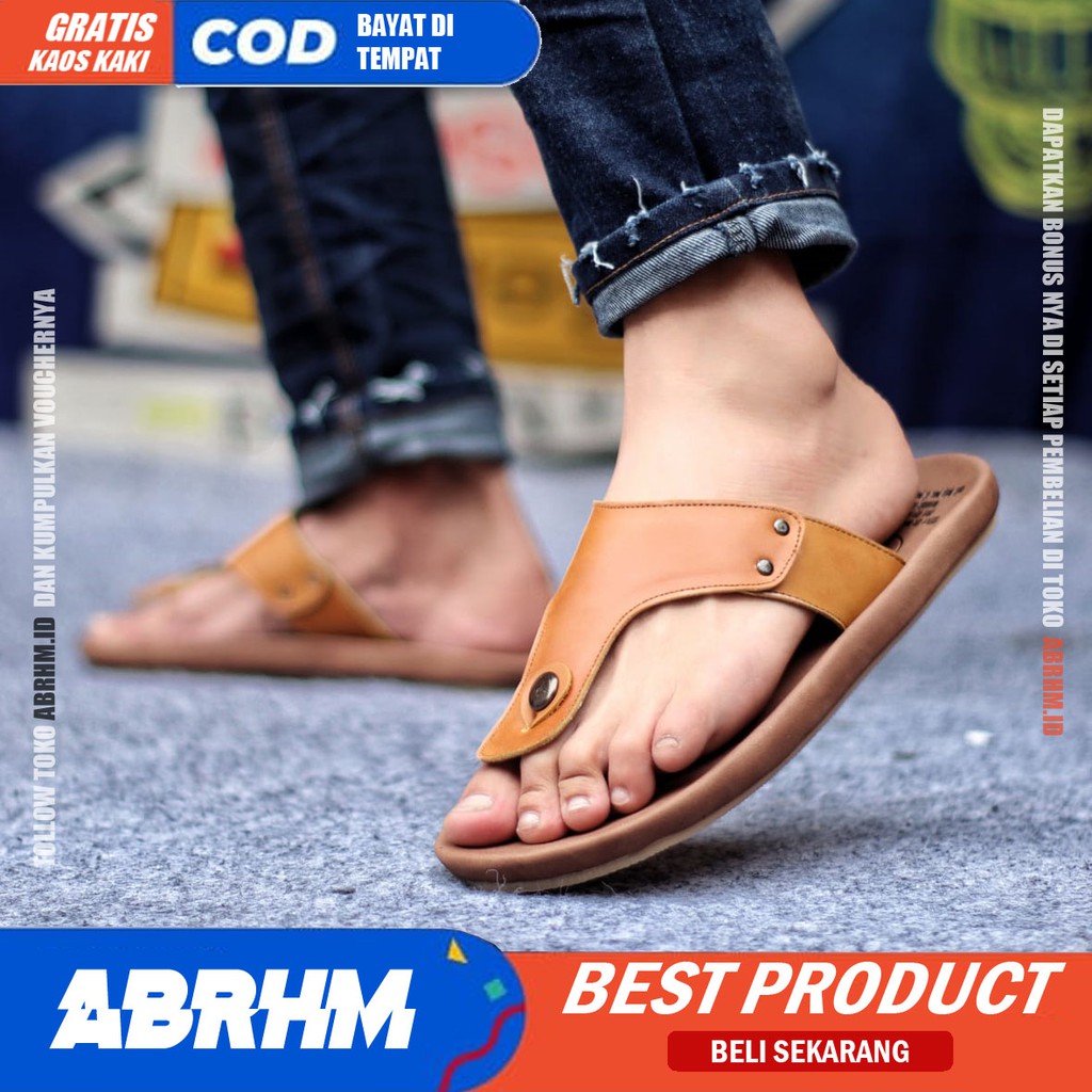 ABRHM x CLOVER Sandal Jepit Pria Sandal Pria Kulit Asli Sandal Japit Cowok / Cowo Keren Ori Kekinian