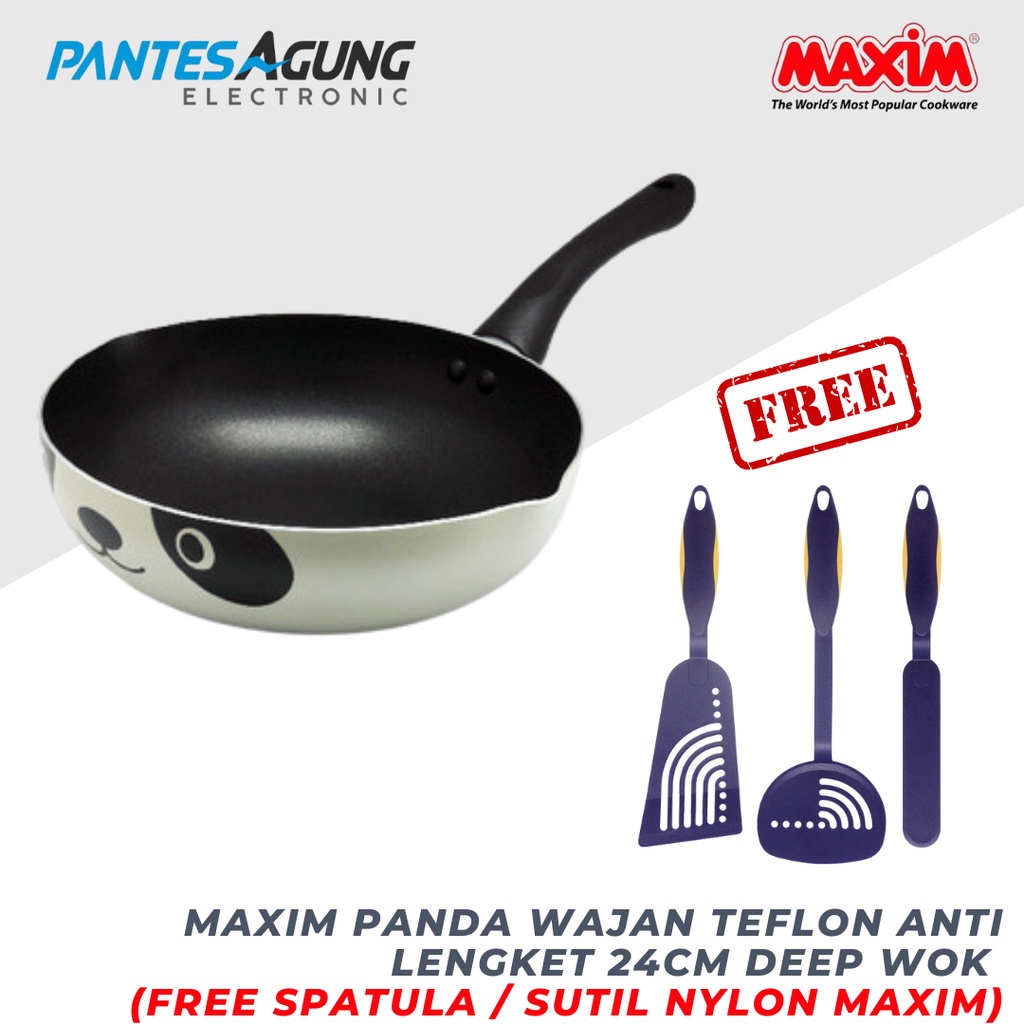 Maxim Panda Wajan Teflon Anti Lengket 24cm Deep Wok ( Free Spatula / Sutil Nylon maxim)