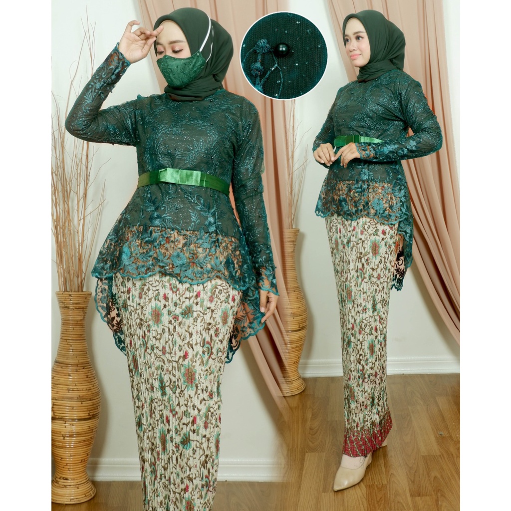 SET KEBAYA VALEERIA - PAKAIAN KEBAYA TERLARIS 2021 - KEBAYA WISUDAAN CANTIK - MODEL KEBAYA KEKINIAN-HIJAU BOTOL