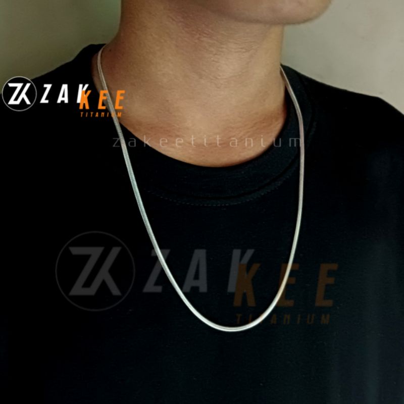 Kalung Titanium Pria Wanita Anti Karat Silver Belut Gepeng Pipih Silver Perak Emas Putih Cowok Cewek Stainless Steel Panjang 45cm 50cm 60cm