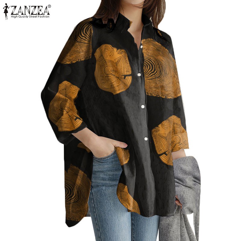 ZANZEA Women Casual Long Sleeve Turn-Down-Collar Printed Blouse