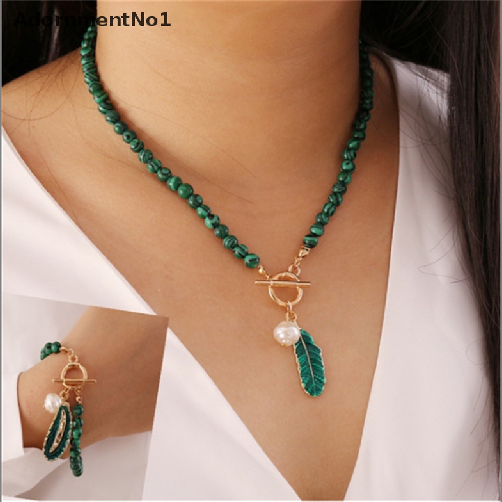 (AdornmentNo1) Kalung Rantai Liontin Daun Malachite Aksen Mutiara Imitasi Bahan Alloy Untuk Wanita