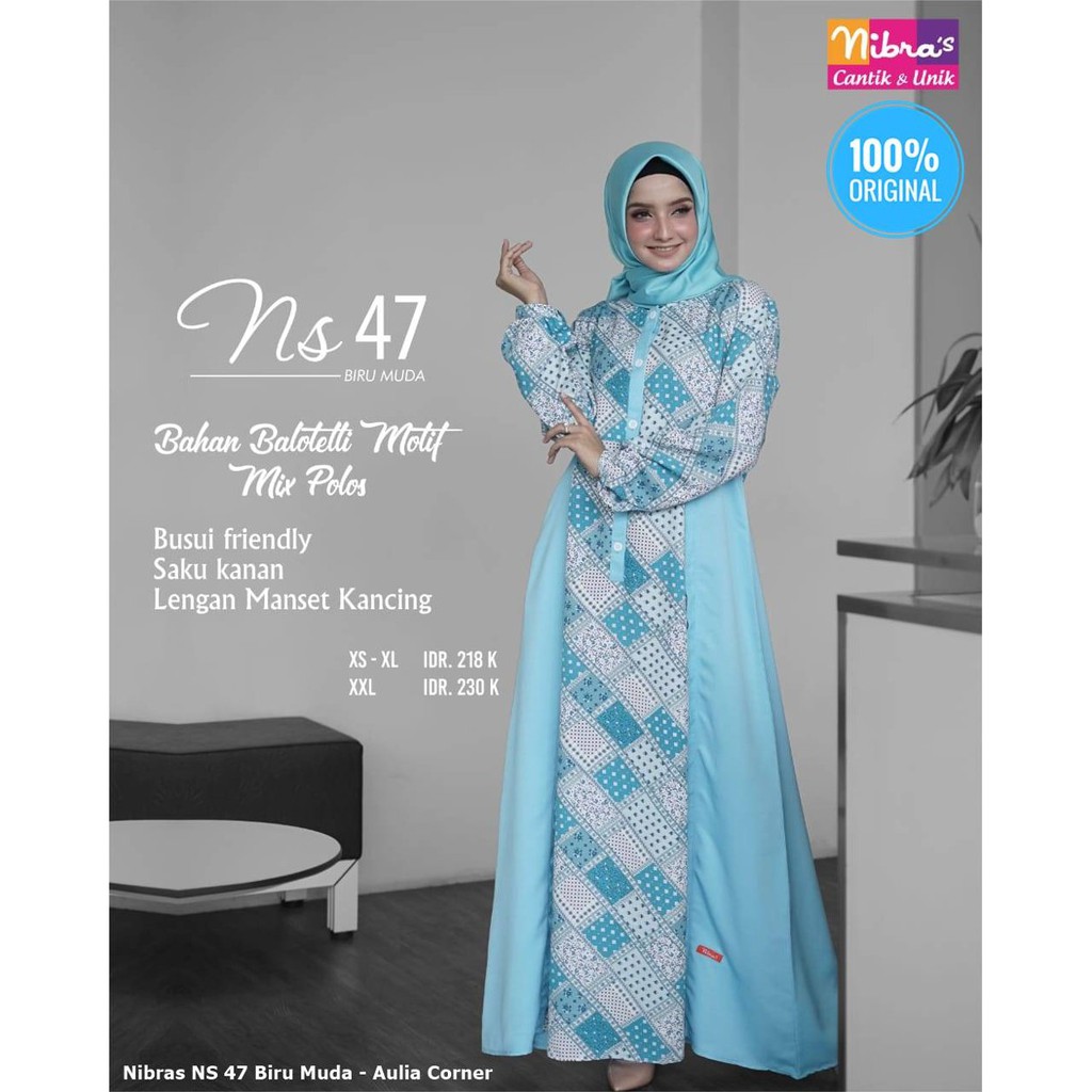 Model Gamis Haji Wanita Gamis Syari Nibras NS 47 Biru Muda ORIGINAL Model Casual