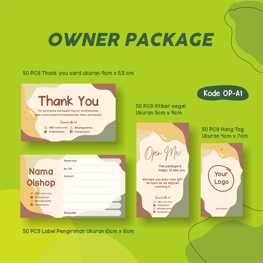 

(OWNER PACKAGE) 1 PAKET = 200 PCS || (50 THANKYOU CARD, 50 LABEL EKSPEDISI, 50 SEGEL, 50 HANG TAG)