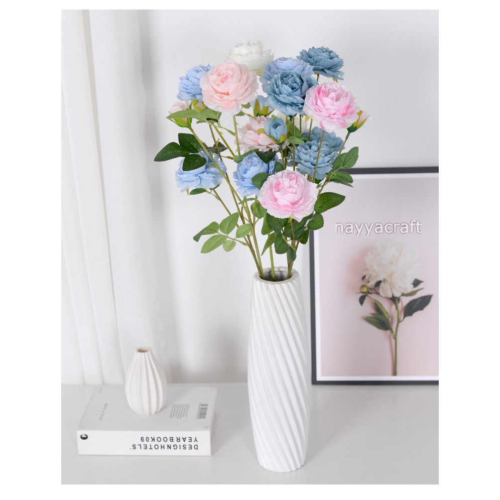 bunga peony artificial tangkai 3 cabang flower bunga artifisial Kepala bunga peony artifisial besar-5