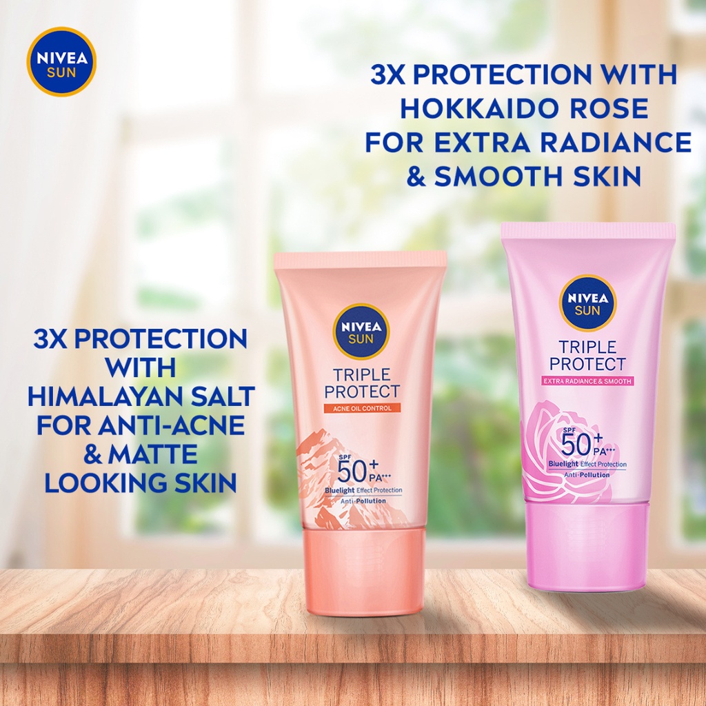 NIVEA Sun Face Serum Triple Protect SPF50+ PA+++ 40ml - Sunscreen Sunblock (Hokkaido Rose, Acne Oil Control, Anti Wrinkle)