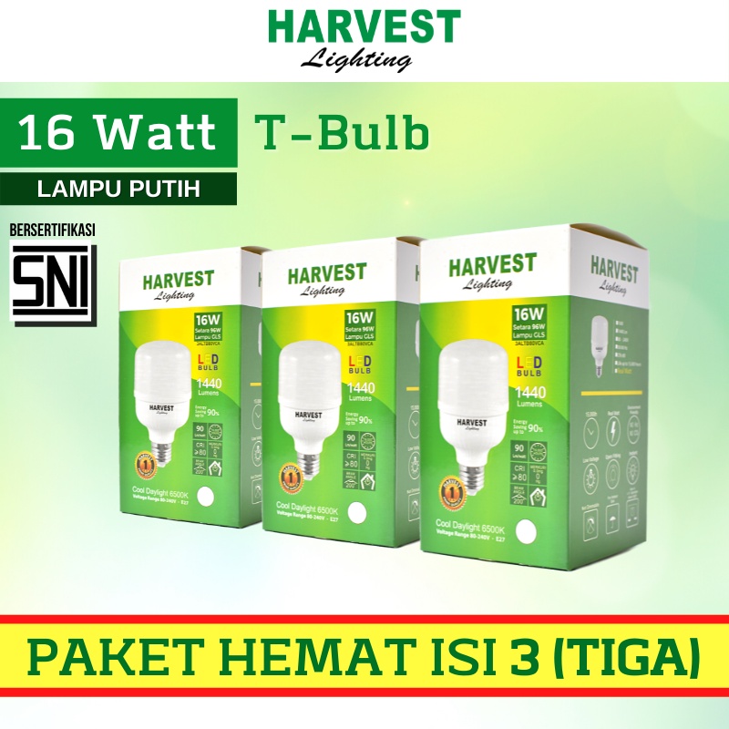 16W - Paket Isi 3 - HARVEST LIGHTING Lampu Kapsul LED T-Bulb 16 watt Lampu Hemat Energi Original Bersertifikat SNI dan Bergaransi