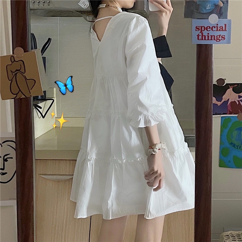 Korean Ribbon White Mini Dress Wanita Lengan Panjang 2008 (S/M/L/XL)