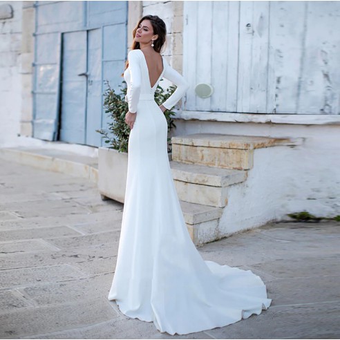 Gaun Wedding Pengantin Renda Mermaid Lengan Panjang ekor