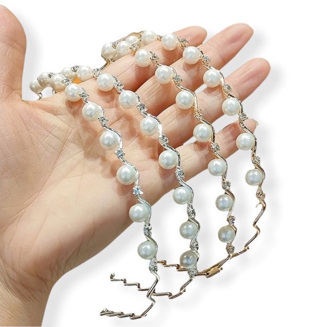 Bando Korea Mutiara Diamond Crystal Zircon Luxury Wave Korean Pearl Kristal Headband Hairband Headpiece Zigzag