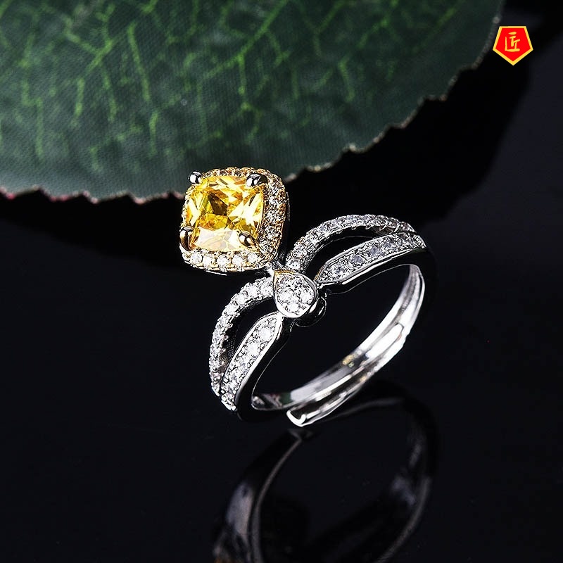 [Ready Stock]Pt950 Square Yellow Diamond Creative Crown Ring