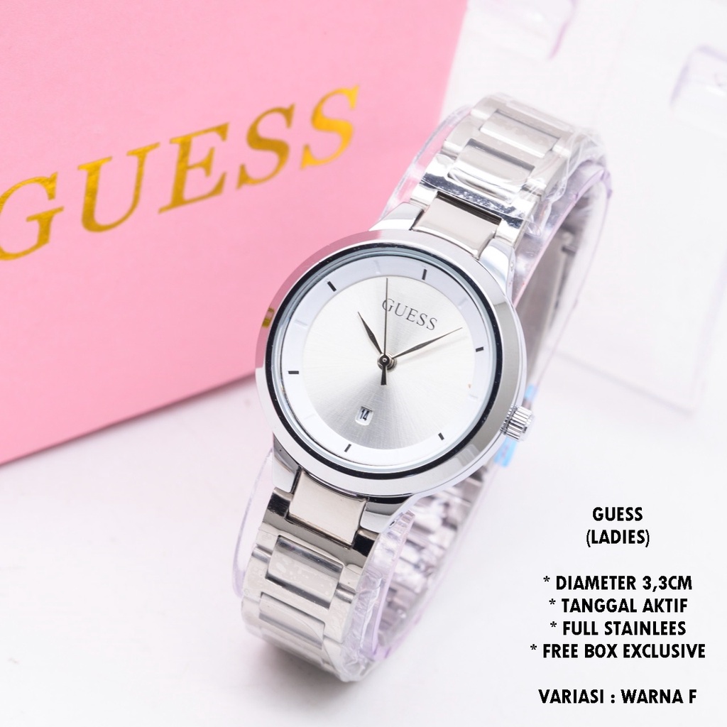 (FREE BOX) JAM TANGAN WANITA GUESS RANTAI BODY BULAT TANGGAL AKTIF