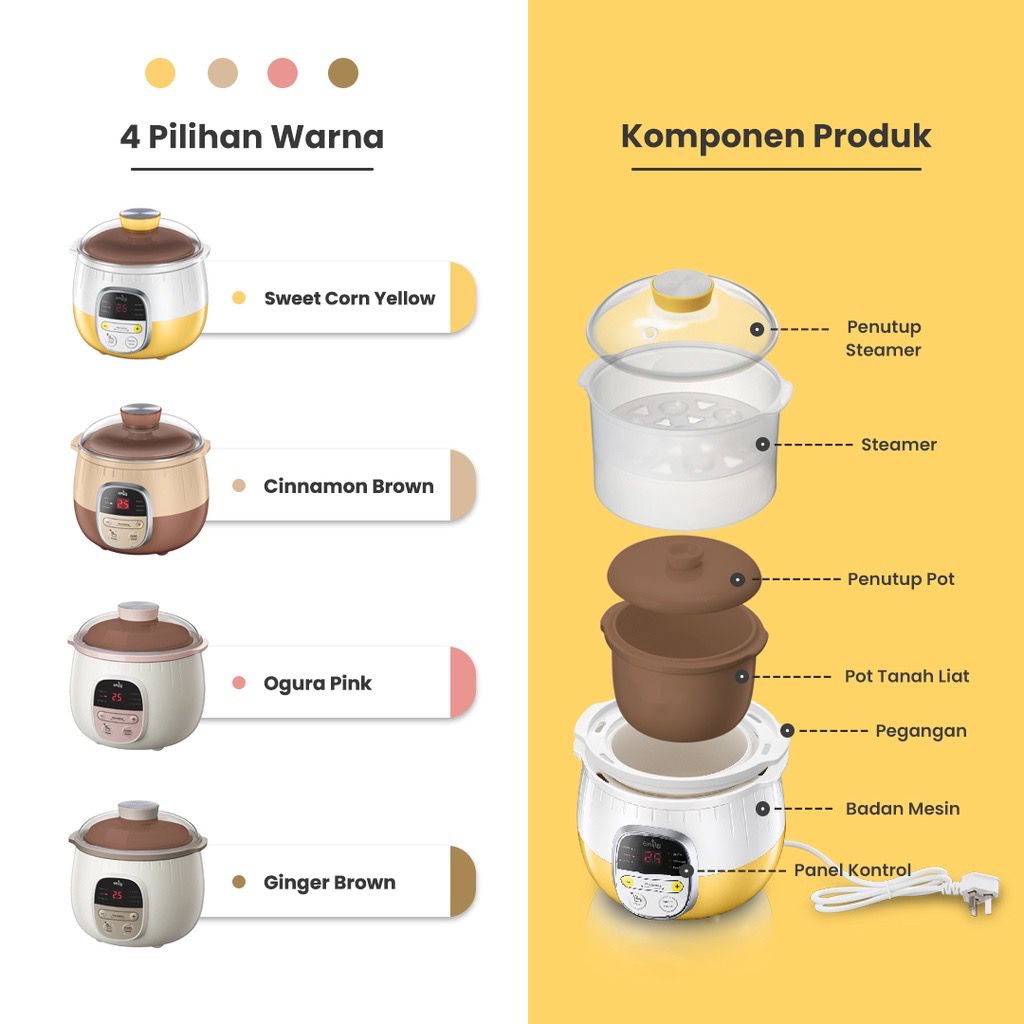 Emily Slow Cooker + Steamer 0.8 L Clay Pot - Perlengkapan Mpasi