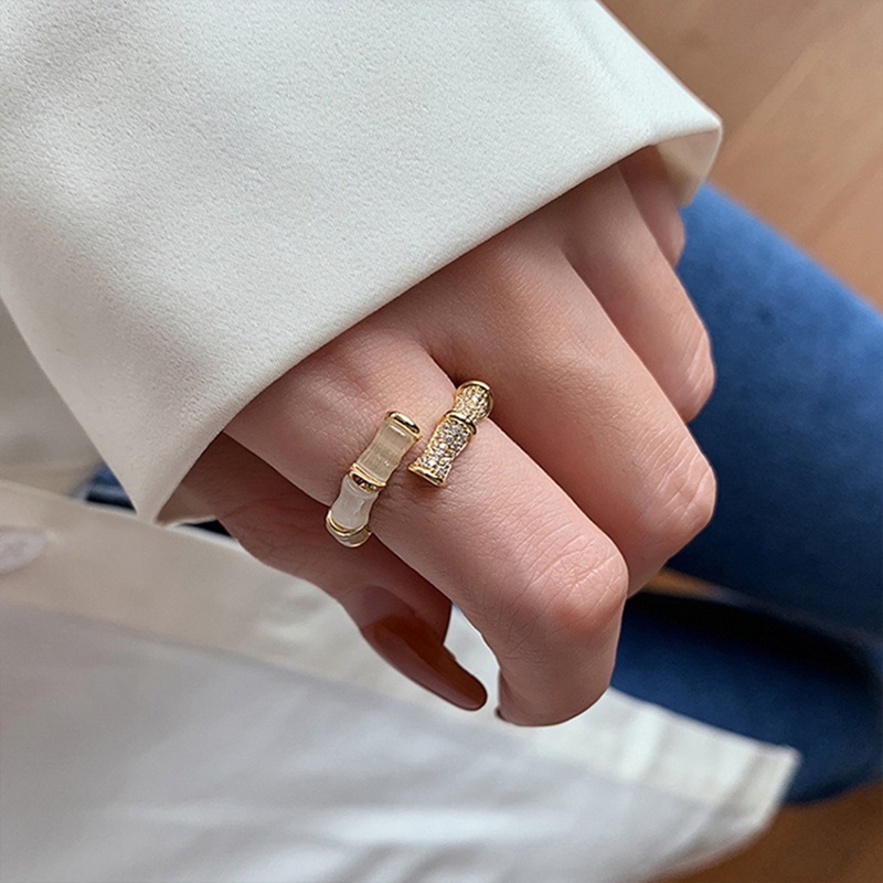 Cincin Adjustable Bentuk Bambu Warna Emas Gaya Korea Untuk Wanita