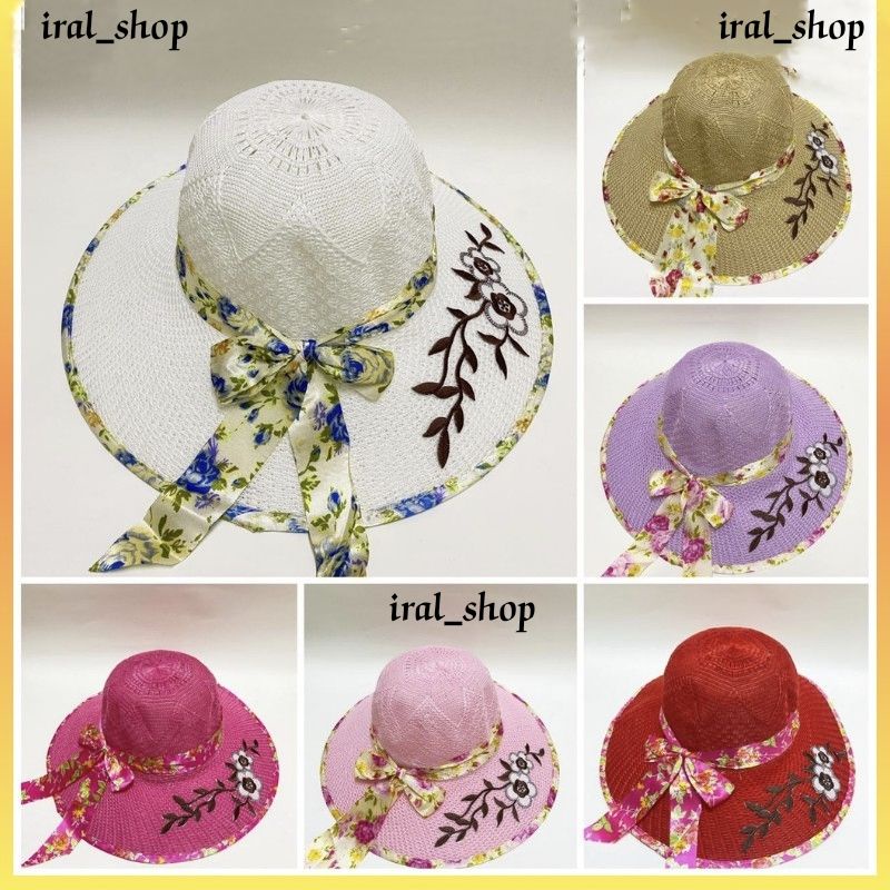 Topi Pantai Rajut Pita Bunga Import wanita