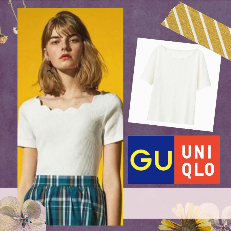 GU by UNIQLO Scallop Ribbed Top | Blouse Putih