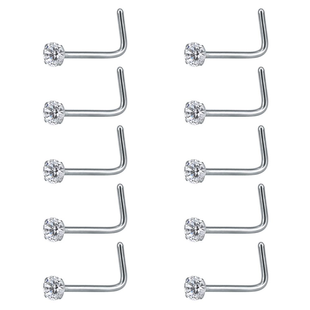 1 Lot 10 Pcs Cincin Tindik Hidung Bahan Stainless Steel 20g Bentuk Bulat Aksen Kristal