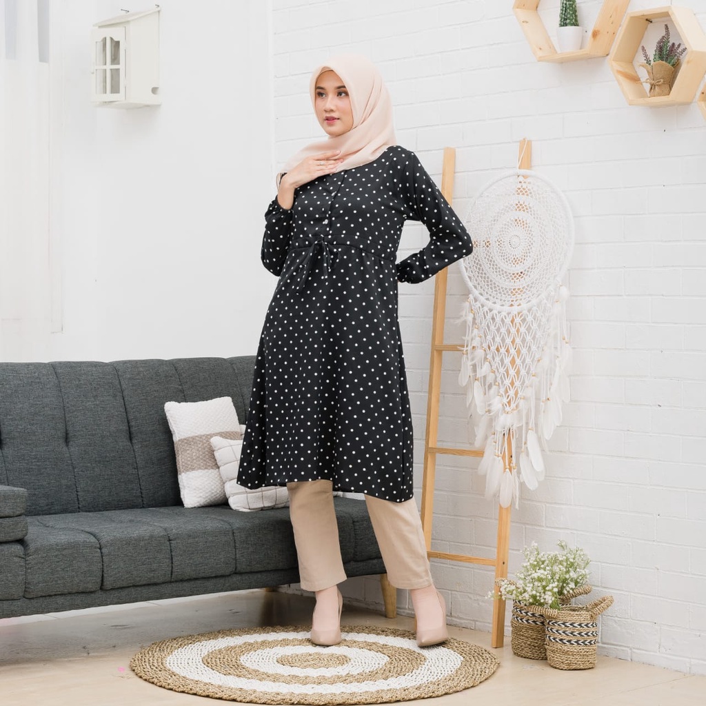 Tunik jumbo polkadot ld 100 110 120 130 140 - Atasan wanita polkadot hitam putih - Tunik murah