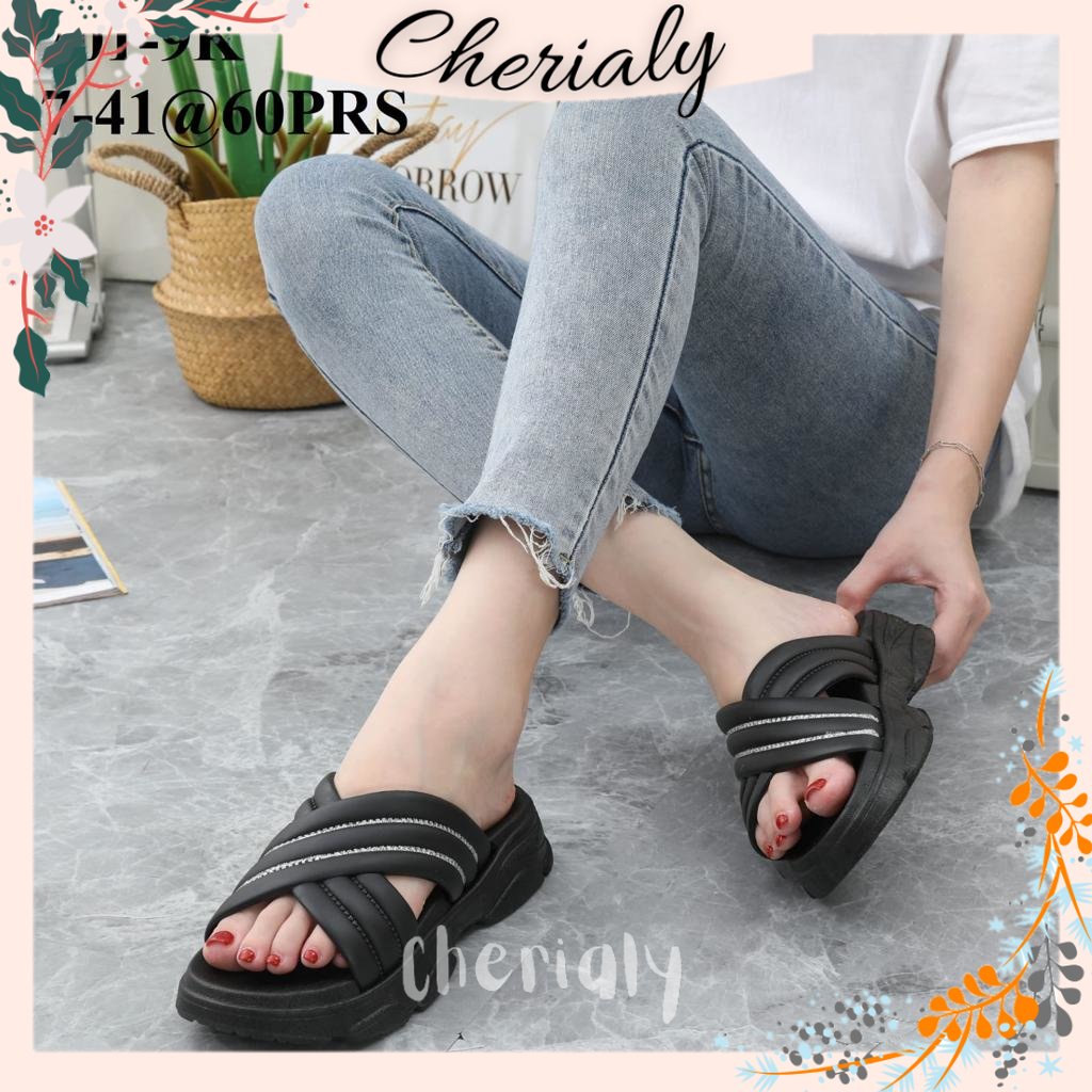 Sandal Slop Wedges Wanita Tebal Motif Silang List Mutiara Import Rubber Non-Slip Tinggi Bahan Empuk 2201-9K