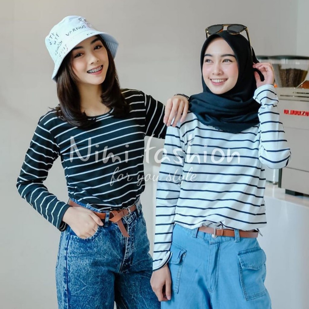KAOS SALUR WANITA LENGAN PANJANG BAYAR DI TEMPAT (COD) / BAJU ATASAN WANITA I HITAM PUTIH I SPANDEK