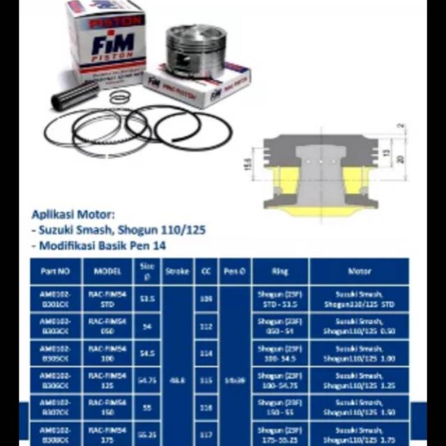 Piston seher kit fim smash shogun 110 shogun 125 fim 54