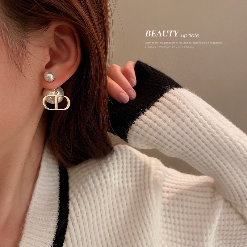 Anting Stud Desain Huruf D Ganda Aksen Mutiara Bahan S925 silver Gaya Perancis