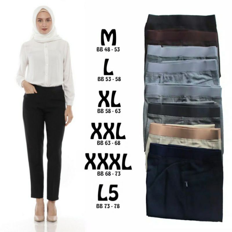 Celana Bahan Kerja Kantor Formal Wanita Pinggang Karet Highwaist Bahan Stretch Melar