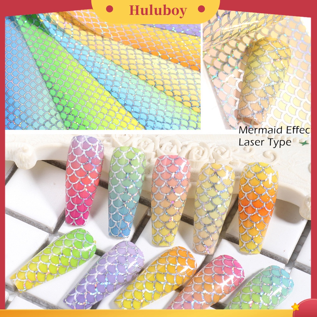 Huluboy Huluboy♡ 10 Pcs / Set Stiker Kuku Transfer Foil Desain Sisik Ikan Mermaid Warna-Warni Gradasi Untuk Manicure