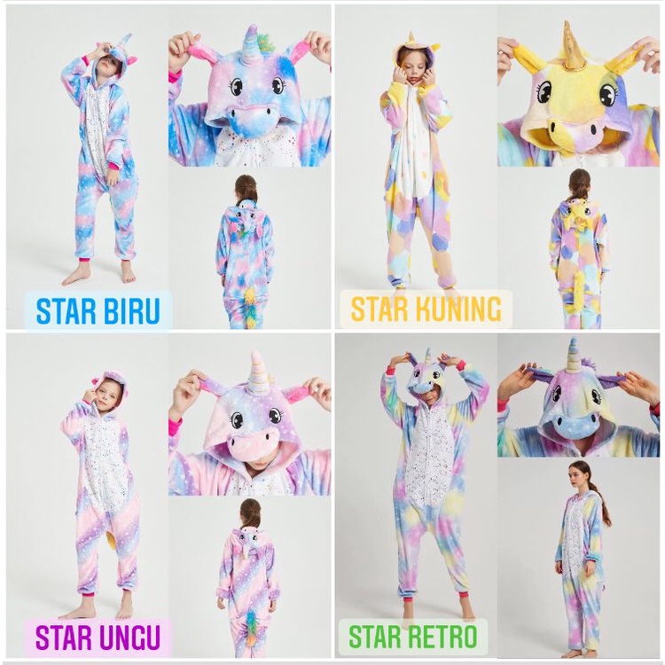 BAJU ONESIE KOSTUM UNICORN STAR BINTANG NEW KUDA PONY KIGURUMI PIYAMA ANAK PEREMPUAN IMPOR