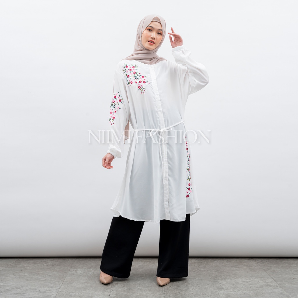 NIMI - Arsyila Midi Dres Tunik Putih Bordir Premium Atasan Long Tunik Putih Jumbo Bordir