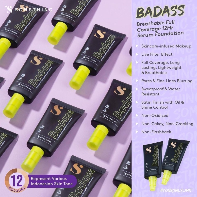 SOMETHINC Badass Breathable Full Coverage 12Hr Serum Foundation Indonesia / Make Up Skincare Cleanser Essence Toner Eye Cream Gel Mask / Cushion Loose Powder Blush On Concealer Highlighter Eyebrow Eyeliner Eyelash Mascara Lipstick Lip Tint Gloss Paket Set