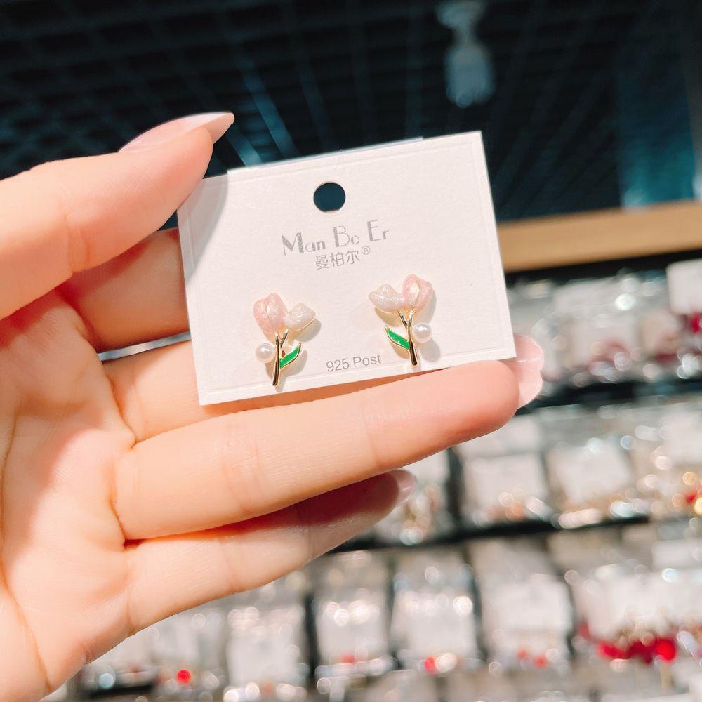 Anting Tulip Perempuan Indah Peri Menetes Minyak Trendi Merah Muda Vintage Anting Mutiara