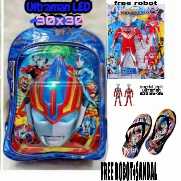 TERLARIS Ransel Karakter Ultraman LED Free Robot Mainan Free Sandal Tas Sekolah - Biru